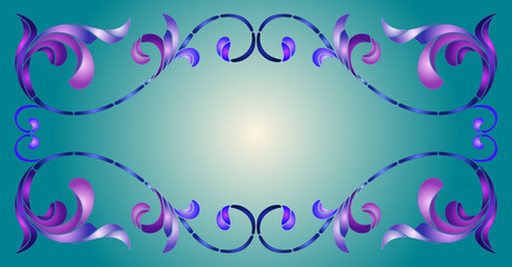 Fototapeta na wymiar Illustration in stained glass style with abstract swirls,flowers and leaves on a blue background,horizontal orientation