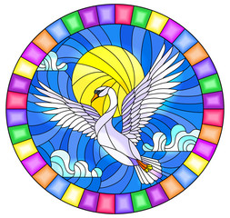 The illustration in stained glass style painting with a flying white swan on the background of sky, sun and clouds, the oval image of the bright frame