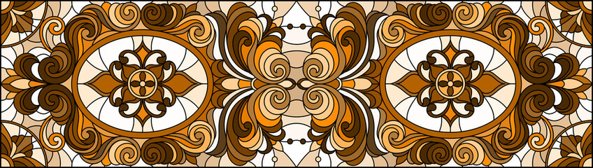 Illustration in stained glass style with abstract flowers, swirls and leaves  on a light background,horizontal orientation, sepia