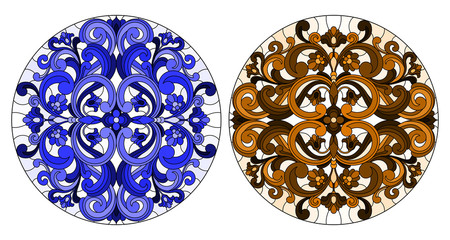Set of illustrations in stained glass style with round floral arrangements, blue and brown