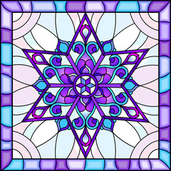Illustration in stained glass style with snowflake in blue colors in a bright frame 