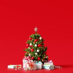 Christmas tree with gift box on red background. 3d rendering