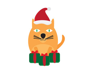 Cute Cartoon Cat with Santa Hat and Green Red Gifts