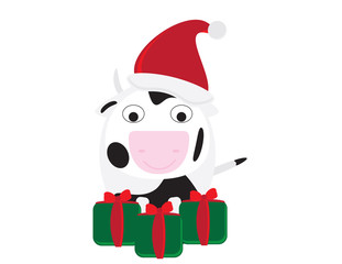 Cute Cartoon Cow with Santa Hat and Green Red Gifts