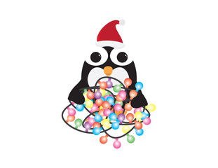 Cute Cartoon Penguin with Santa Hat and Colorful Light Bunting