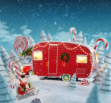 Santa's Christmas red camper