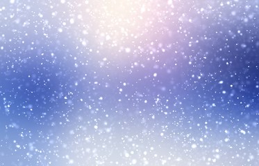 Outdoor winter twilight abstract background. Snow texture. Nature blue silhouette and sun light pattern. Lens flare.