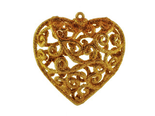 Christmas toy Golden color in the form of a heart. Toy for decorating a festive Christmas tree. White background.