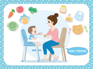 Mother feeding her baby. Characters and related items. Vector illustration.