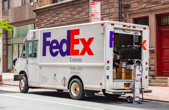 New York, United States. FedEx truck delivering packages