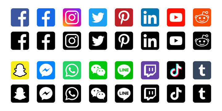 Square social media or social network flat vector icon set / collection for apps and websites
