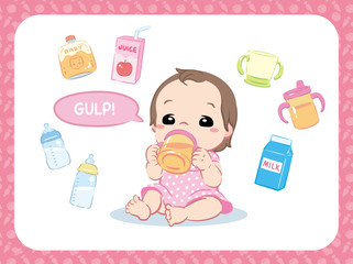 Cute baby drinking water,  juice or something. And related items. Vector illustration.