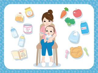 Mother feeding her baby. Characters and related items. Vector illustration.