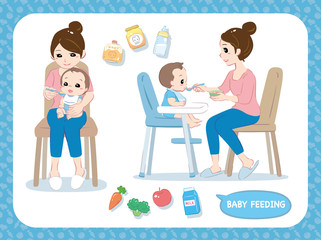 Mother feeding her baby. Characters and related items. Vector illustration.