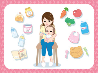 Mother feeding her baby. Characters and related items. Vector illustration.