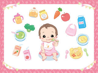 Baby eating food. Character and puree, juice, related items. Vector illustration.