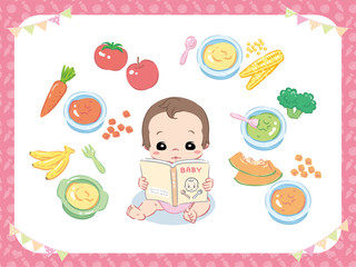 Baby reading a guide book of baby feeding. Character and vegetables, puree. Vector illustration.
