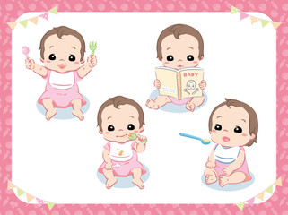 Baby eating food. Poses set. Vector illustration.