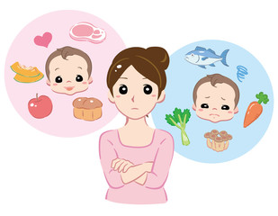 Mother thinking about her baby's food. Vector illustration.
