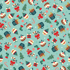 Christmas seamless pattern with sweet dessert arranged in dense and ditsy style. Cute holiday vector illustration.