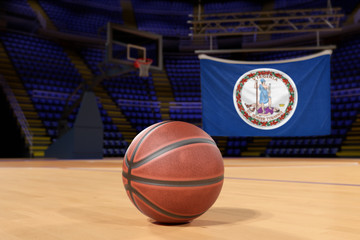 Virginia state flag and basketball on Court Floor