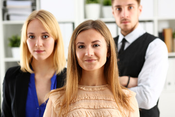 Group of smiling people stand in office looking in camera portrait. White collar power mediation solution project creative advisor participation profession train bank lawyer client visit concept