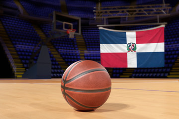 Dominican Republic flag and basketball on Court Floor