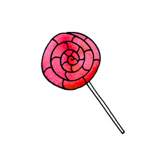 Watercolor candy cane, sweets, lollipop. New year and Xmas line art, doodle, sketch, hand drawn. Simple color illustration for greeting cards, invitation cards, calendars, prints, children's  book