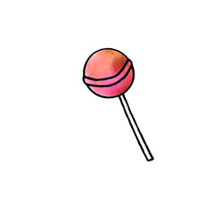 Watercolor candy cane, sweets, lollipop. New year and Xmas line art, doodle, sketch, hand drawn. Simple color illustration for greeting cards, invitation cards, calendars, prints, children's  book