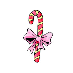 Watercolor candy cane, sweets, lollipop. New year and Xmas line art, doodle, sketch, hand drawn. Simple color illustration for greeting cards, invitation cards, calendars, prints, children's  book