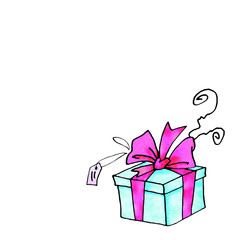 Gift, present box. Christmas, new year, birthday, other holiday. Simple watercolor illustration for greeting cards, calendars, prints, children's book. Doodles, line art, hand drawn. 