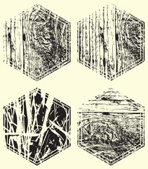 Obraz premium Set of templates of monochrome hexagon retro vintage grunge frames for greetings, promotion and price. Vector elements with scratched effect for posters, sites, web, shops, websites, labels, design.