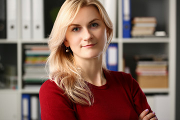 Normal blond woman portrait at office workplace concept