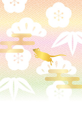 年賀状テンプレート　2020年子年　金色ネズミと和柄　文字なし	