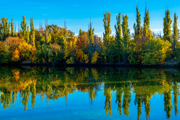 Fototapeta premium Beautiful autumn evening over a mountain river. Autumn landscape with colorful forest. Solar amber paysage. Indian summer landscape. Yellow trees in the rays of the departing sun. Autumn in Russia