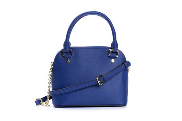 Fashionable violet female hand bag on white background