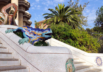 Mosaic Stairway Tiles Park Guell in Barcelona, Spain.