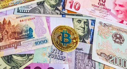 Fototapeta na wymiar Bit Coin Crypto currency money of banknotes exchange BTC luxury backround