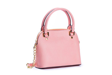 Fashionable rose female hand bag on white background