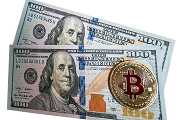Gold bitcoin coin of dollar bills usd isolated on white background