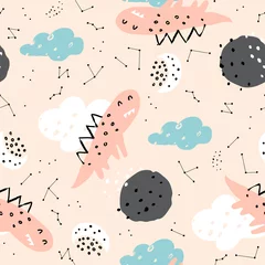 Fototapeten Cute huge dinosaur in space among clouds, planets and stars. Cosmos cute illustration. Seamless pattern with cartoon space adventure, planets and stars. Pink background. © bukhavets
