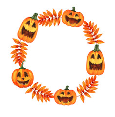Orange pumpkin on a white background in a round wreath of leaves. Halloween elements, scary pumpkins. Autumn holiday. Round composition. Happy Halloween