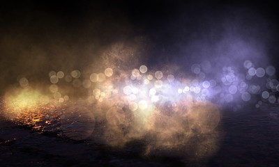 Wet asphalt, reflection of neon lights, a searchlight, smoke. Abstract light in a dark empty street with smoke, smog. Dark background scene of empty street, night view, night city.