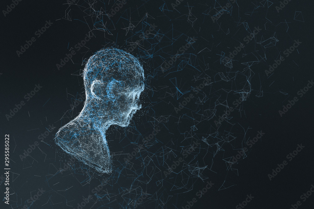 Poster human head made up of technological lines with the concept of artificial intelligence, 3d rendering.