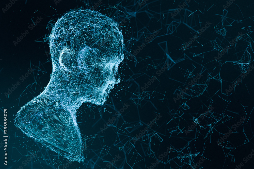 Poster human head made up of technological lines with the concept of artificial intelligence, 3d rendering.