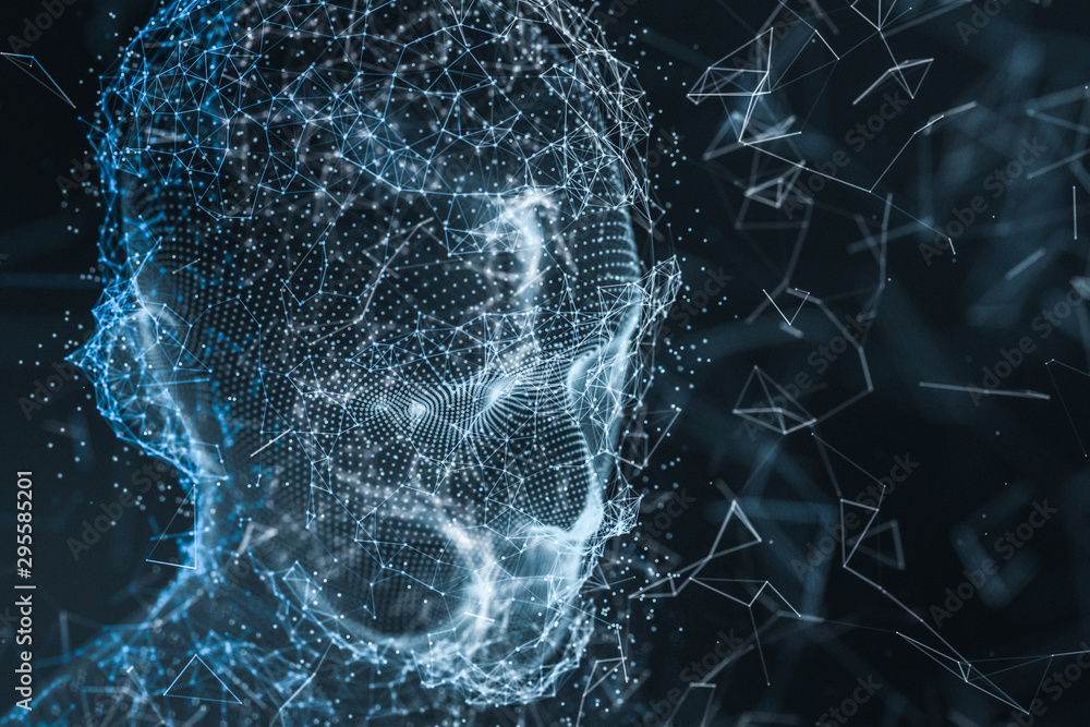 Poster human head made up of technological lines with the concept of artificial intelligence, 3d rendering.