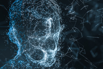 Human head made up of technological lines with the concept of Artificial Intelligence, 3D rendering.