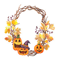 Autumn wreath, woven branches with autumn leaves, scary pumpkins, witch hat. Watercolor illustration. Botany. Autumn round composition. Happy Halloween. Halloween elements.