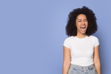 Loud african American millennial girl scream announce sale