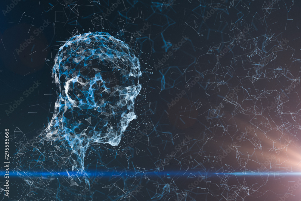 Poster human head made up of technological lines with the concept of artificial intelligence, 3d rendering.
